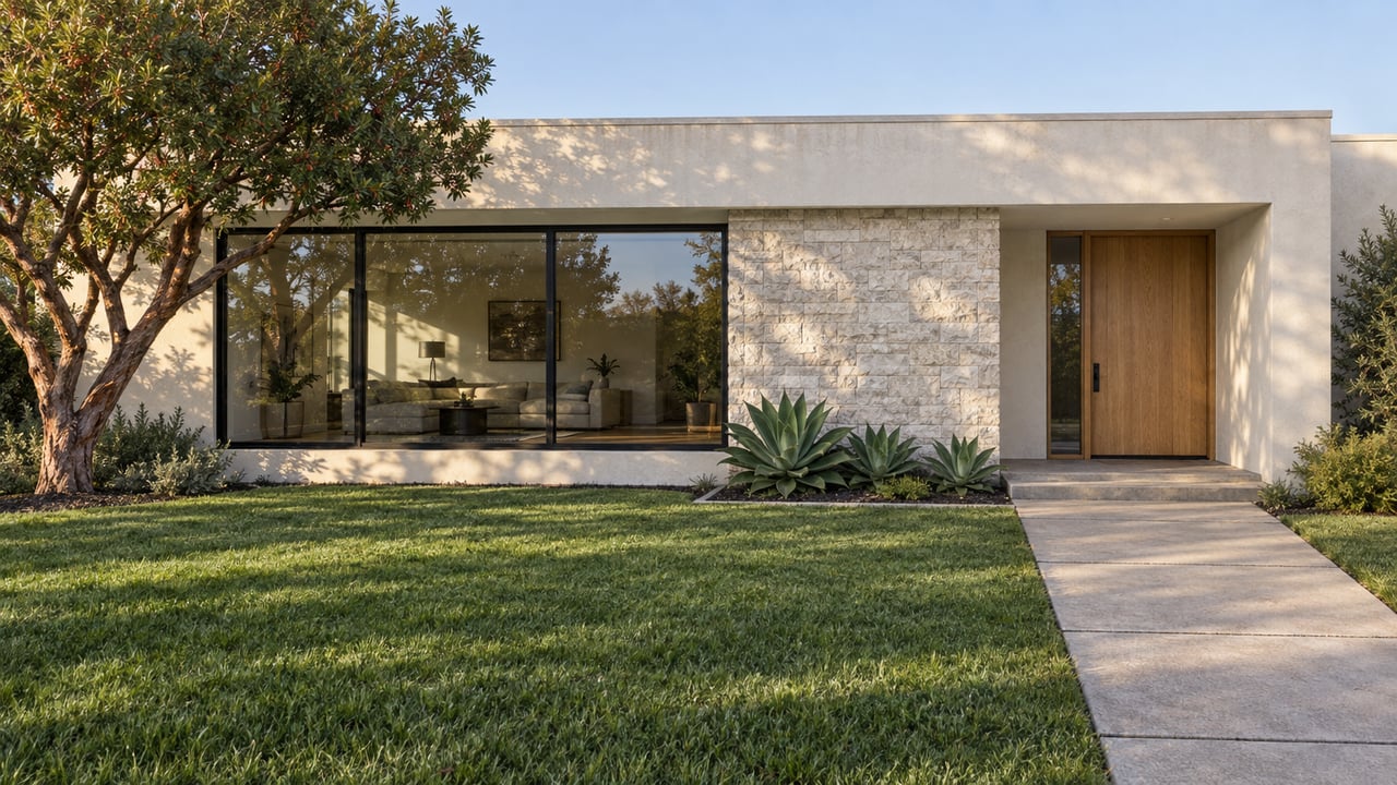 Contemporary warm-white stucco home with black-framed glazing, limestone entry pier, oak door, deep lawn and a sculptural strawberry tree in afternoon light.