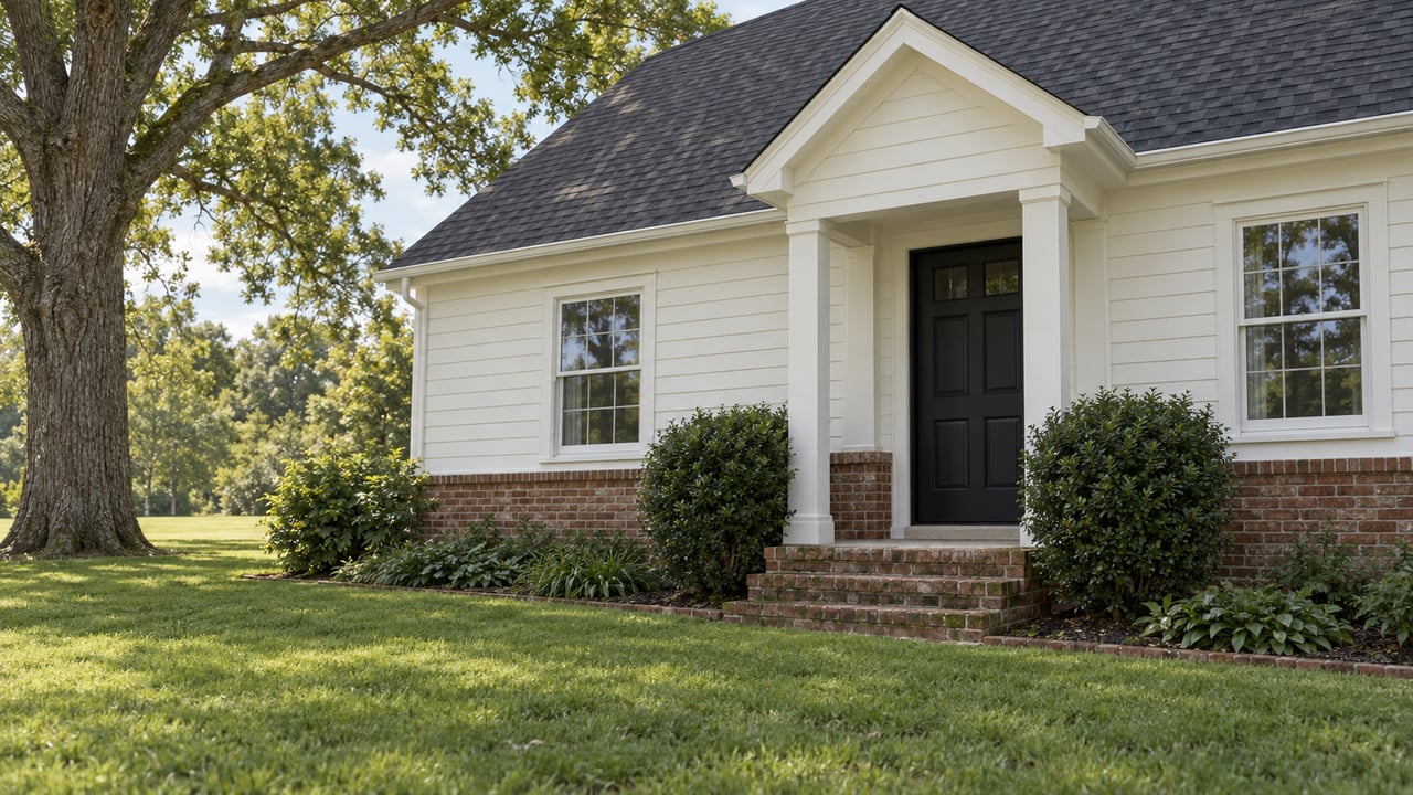 Warm-white house with red-brown brick, a gabled entry, broad lawn, and mature oak tree.
