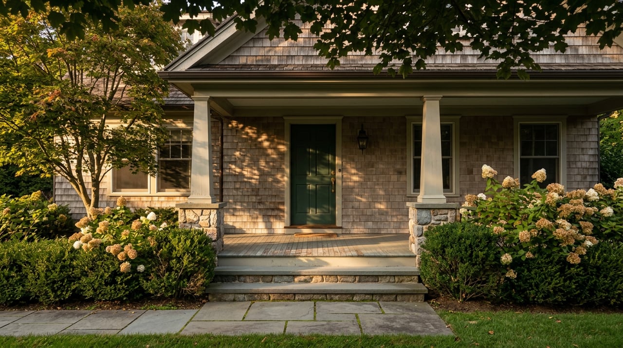 Shingled home entry with a deep-green door, tapered porch columns, hydrangeas, and a bluestone walkway.
