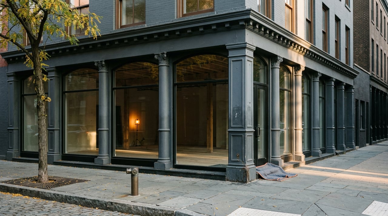 Charcoal cast-iron loft facade with arched storefront windows, a glowing work lamp, and yellowing tree leaves.
