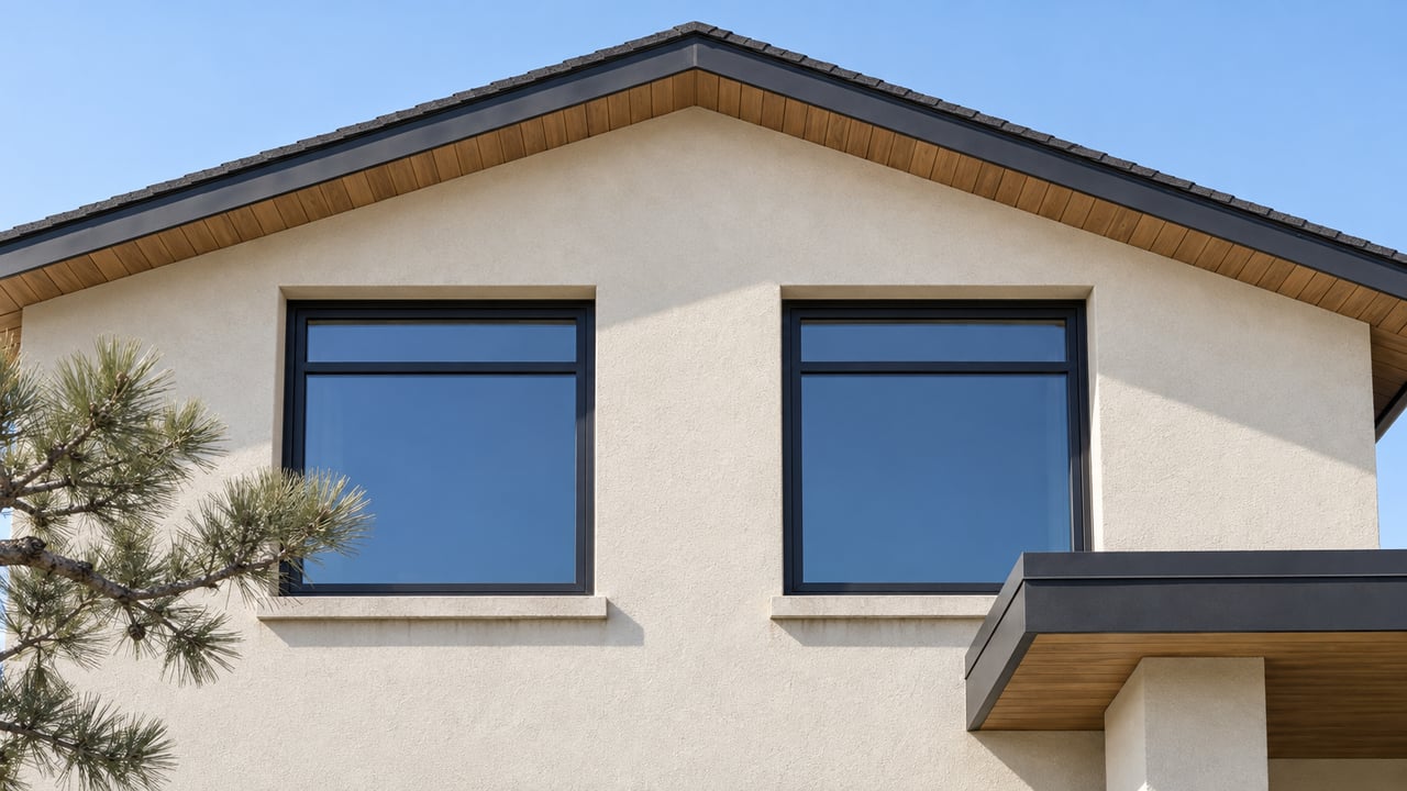 Sunlight across ivory stucco, paired black-framed windows and a charcoal roof, with a gray-green pine branch at the edge.