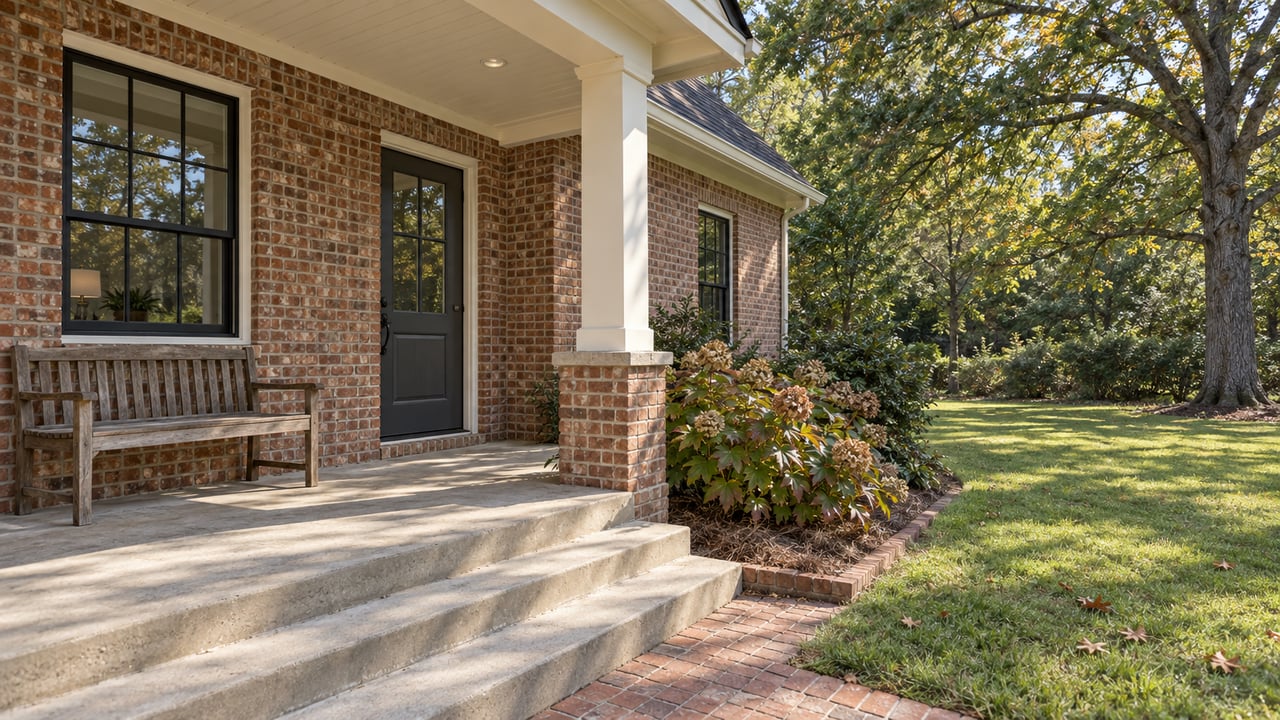 Brick home porch with ivory trim, a wood bench and concrete steps overlooking an autumn lawn beneath a mature oak.