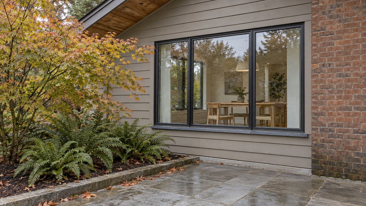 Gray wood-sided home with a glazed dining bay, weathered brick, stone terrace, a vine maple and western sword ferns.