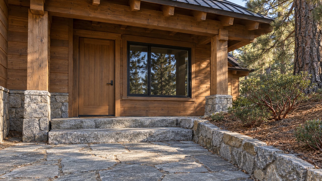 Timber home entry beneath deep exposed rafters, with granite steps, dark-framed glazing and native pine and manzanita planting.