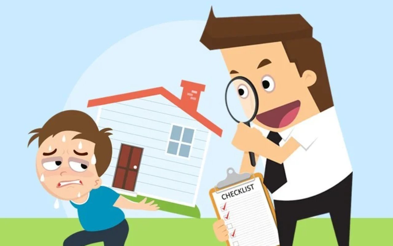 Cartoon appraiser checks a house with a magnifying glass as a worried homeowner sweats.