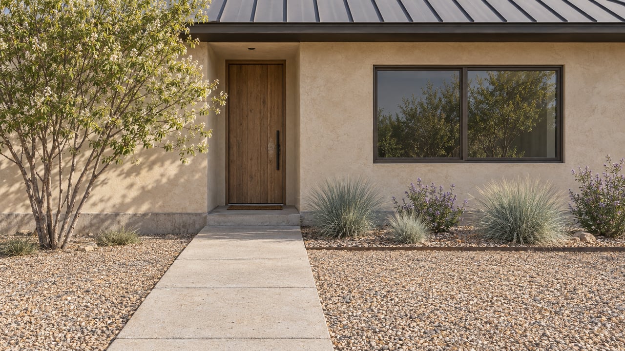 Detached stucco home with a recessed oak door, dark-framed window, gravel approach, and sparse native plantings.
