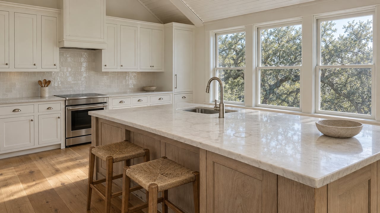 An upper-floor kitchen with an ivory quartz island, limed oak cabinetry and white beadboard ceiling, lit by windows overlooking a mature live oak.
