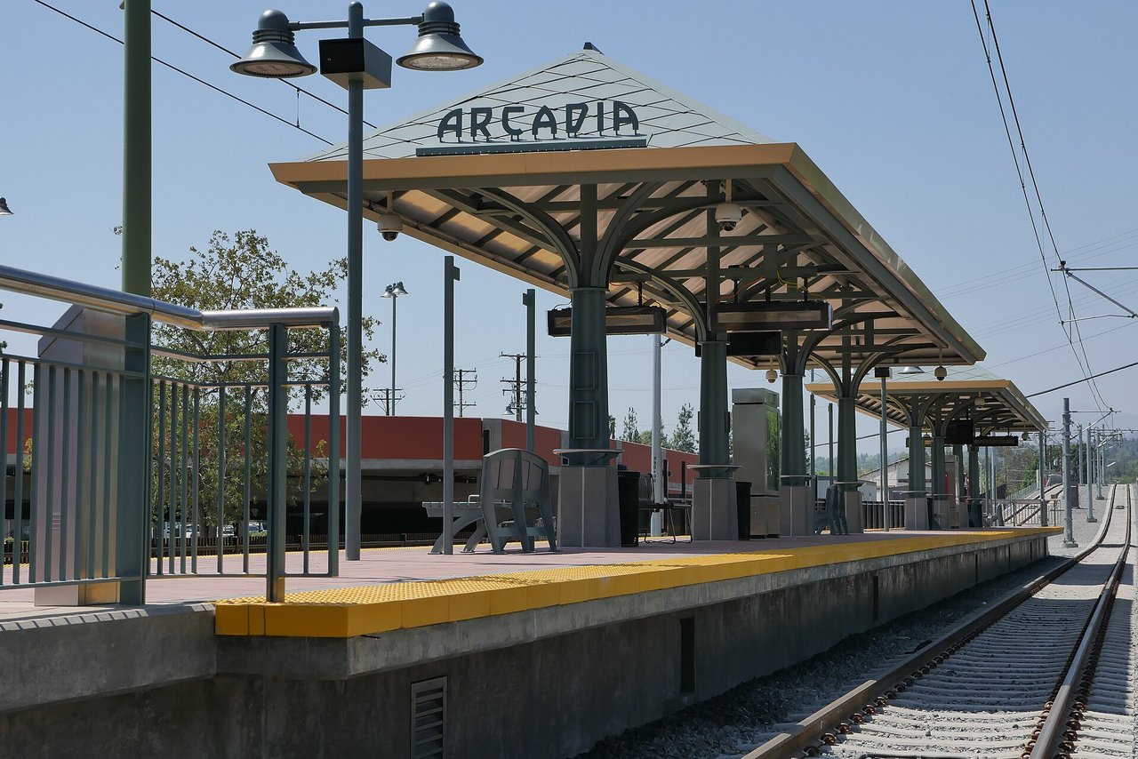 Arcadia rail station platform and canopy in an archival photograph