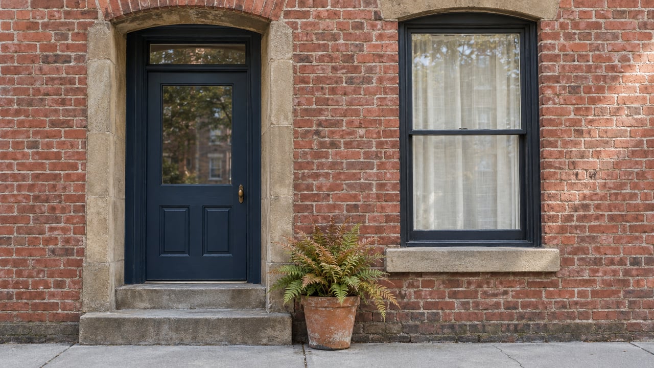 Red brick residential entrance with a blue timber door, worn sandstone steps, a sash window and one potted copper-green fern.