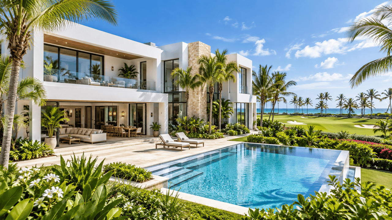 Modern white residence with a swimming pool, palm trees, golf course, and ocean view.