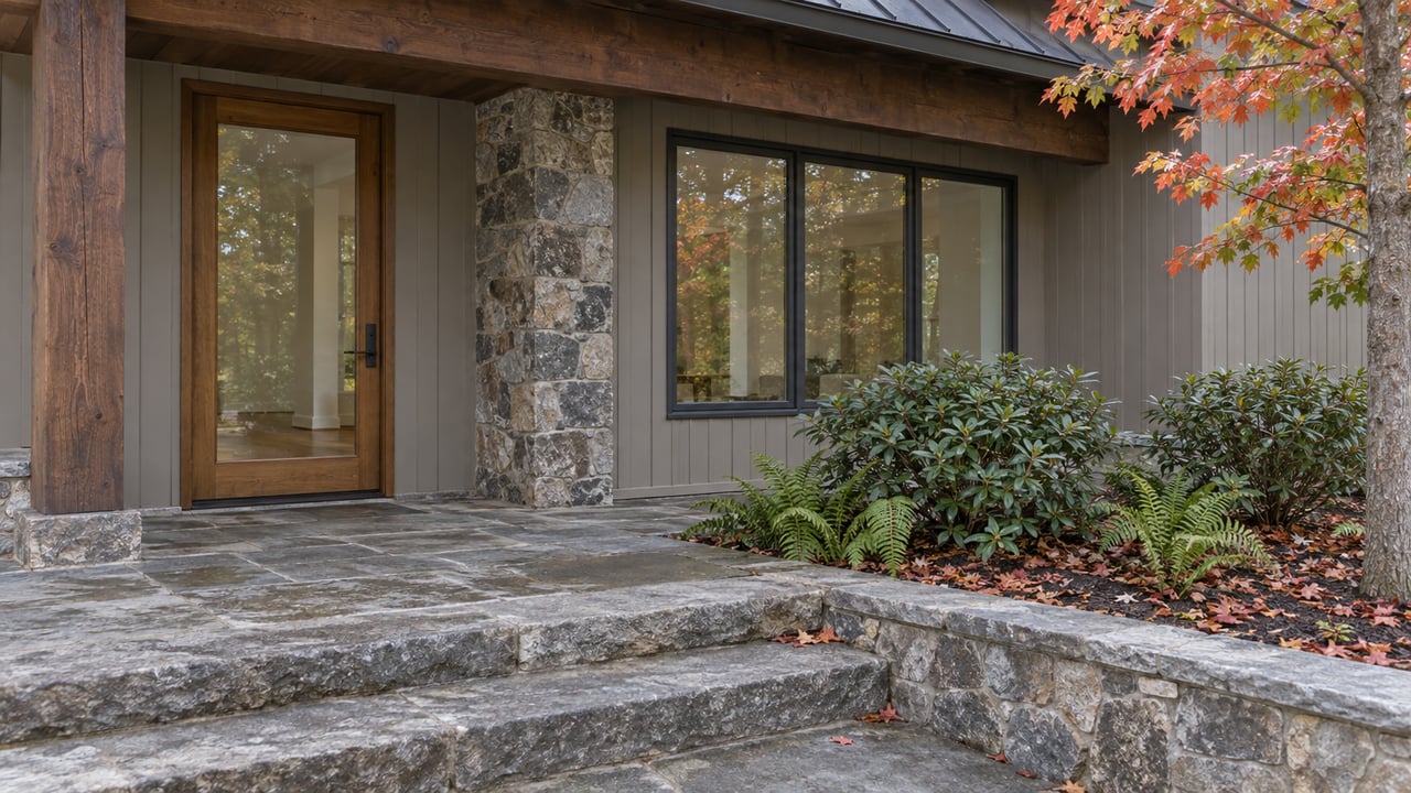 Wooded home's oak-framed glass entry, gray stone porch steps, and layered native planting with early autumn leaves.