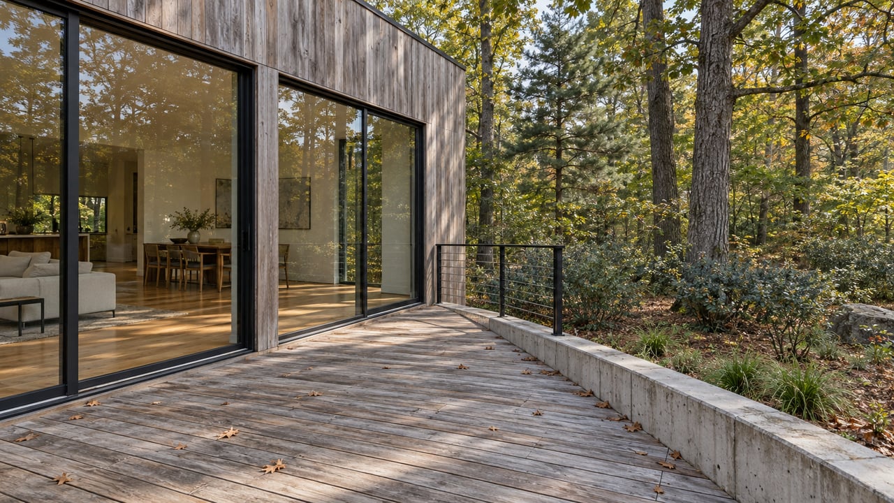 Weathered cedar home opens onto a hardwood terrace overlooking oak trees and lower, leaf-strewn woodland.