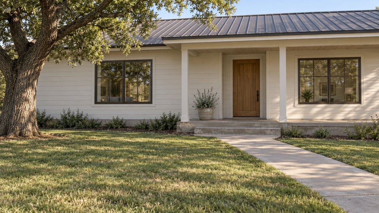 Single-story home with white wood siding, a dark metal roof and covered entry, viewed across a broad lawn and concrete approach beside a mature oak.