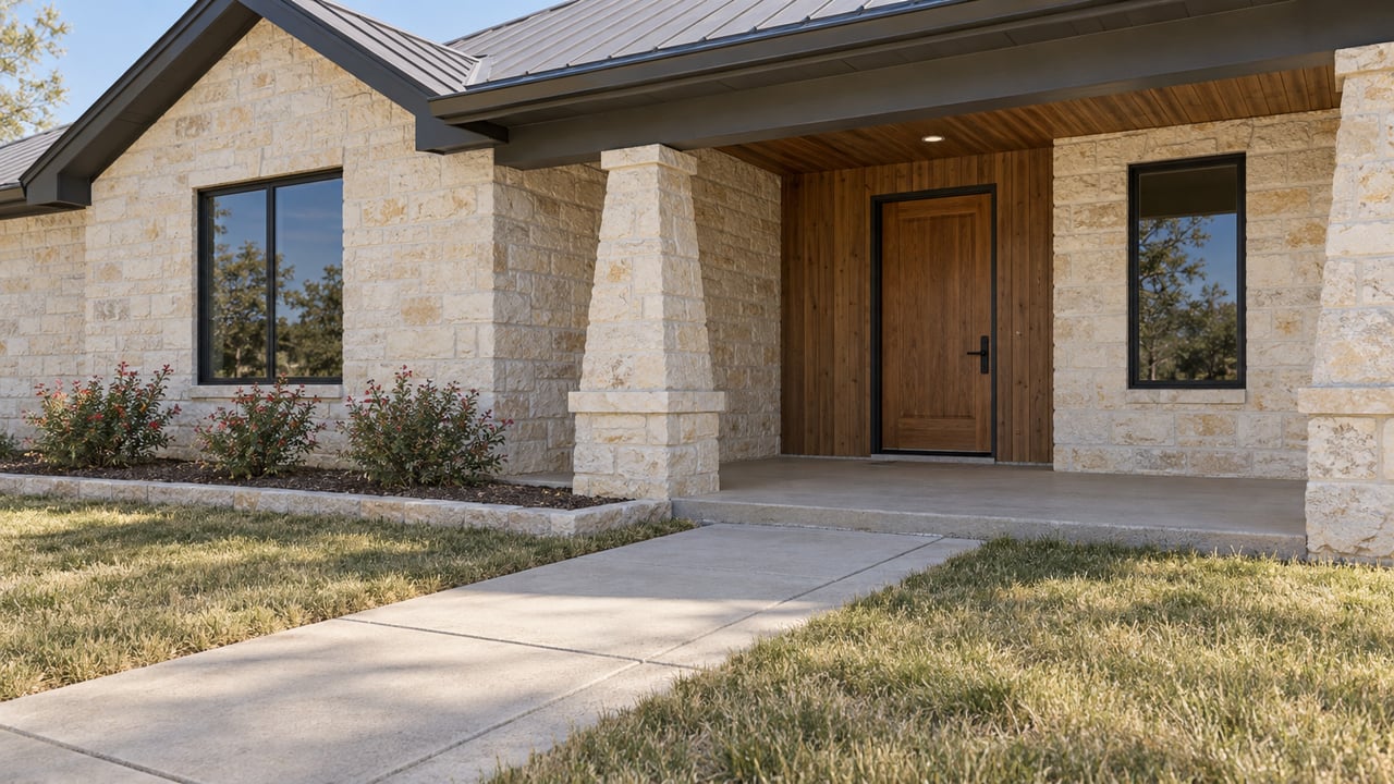 Limestone and wood home with a covered porch, black-framed windows and a concrete approach bordered by autumn buffalograss.