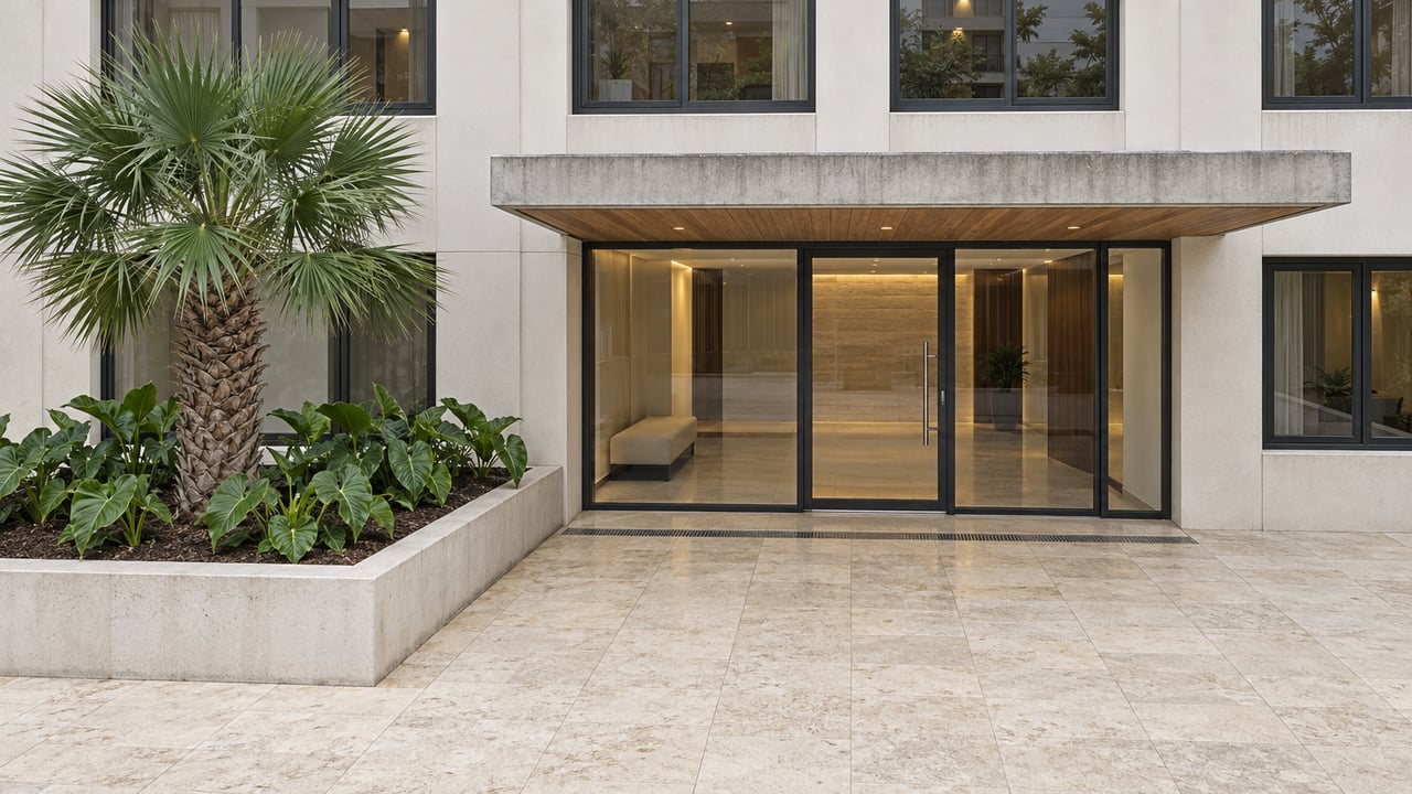 Elevated view of a pale contemporary condominium entrance, with limestone paving, dark-framed lobby glazing and a specimen palm in a raised planting bed.