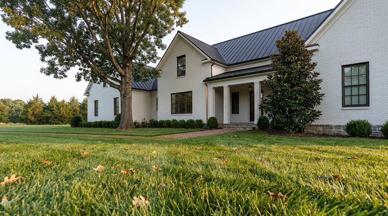 White-brick estate with a black roof sits beyond a broad striped lawn, framed by an oak and magnolia.