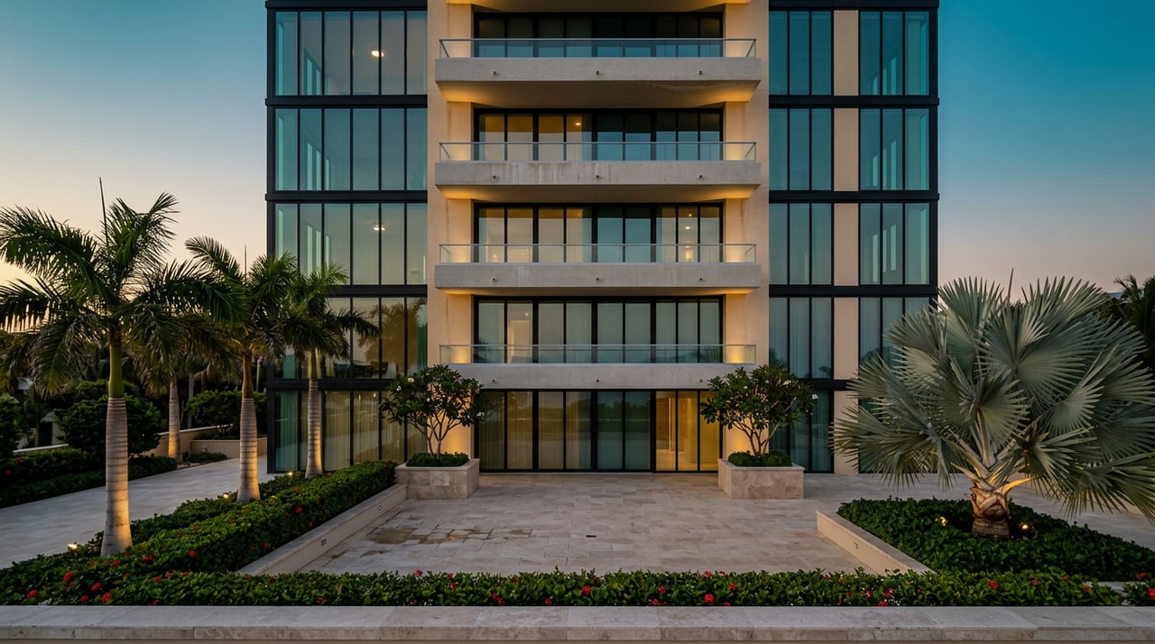 Oceanfront tower courtyard at dusk, with illuminated palm trunks, silver-blue fan palms, and glowing balcony soffits.