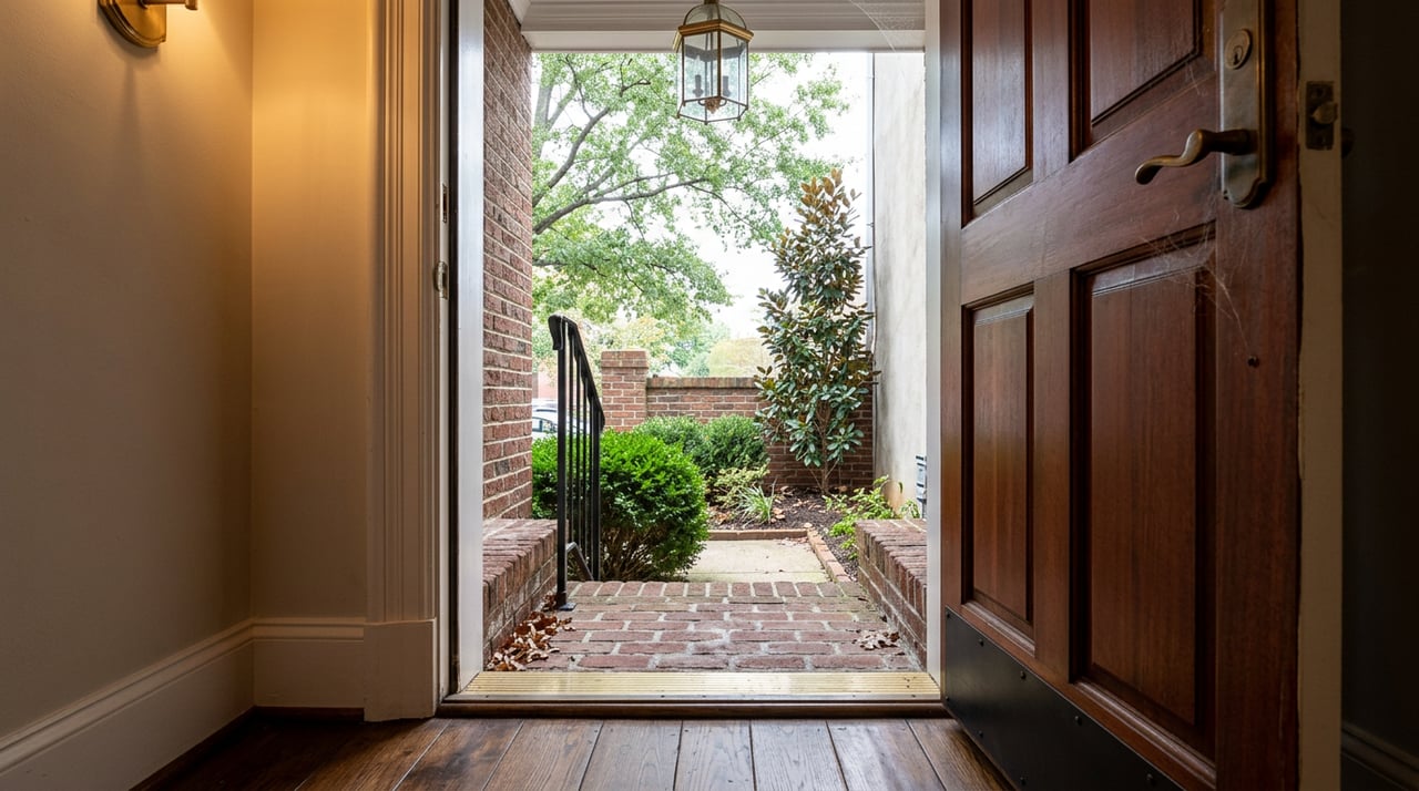 Open wood door frames brick steps, an iron handrail, clipped boxwood, and leafy trees beyond a narrow foyer.