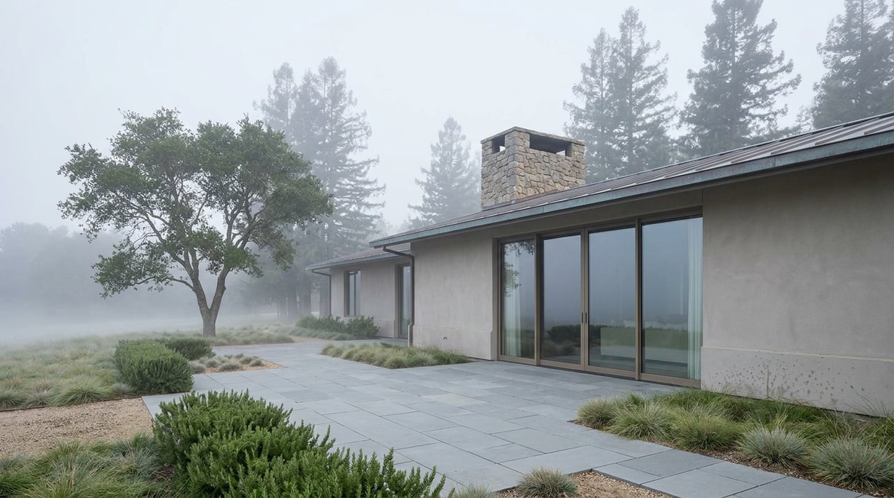 Single-story stucco home with a stone chimney, glass doors, bluestone forecourt, and fog-softened trees.