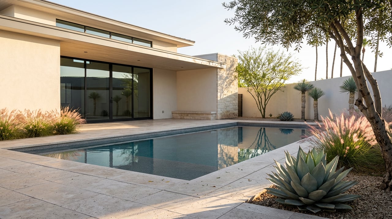 Desert home’s rear patio overlooks a grey-plaster pool, with yuccas and an agave in warm sunrise light.
