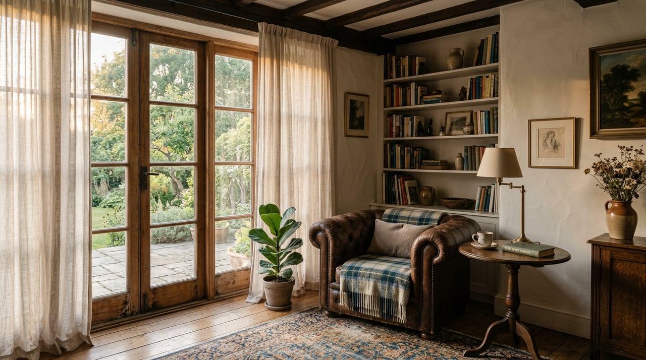 Living room with an oatmeal sofa, painted-brick fireplace, oak floors, and a leafy tree framed by linen-draped windows.