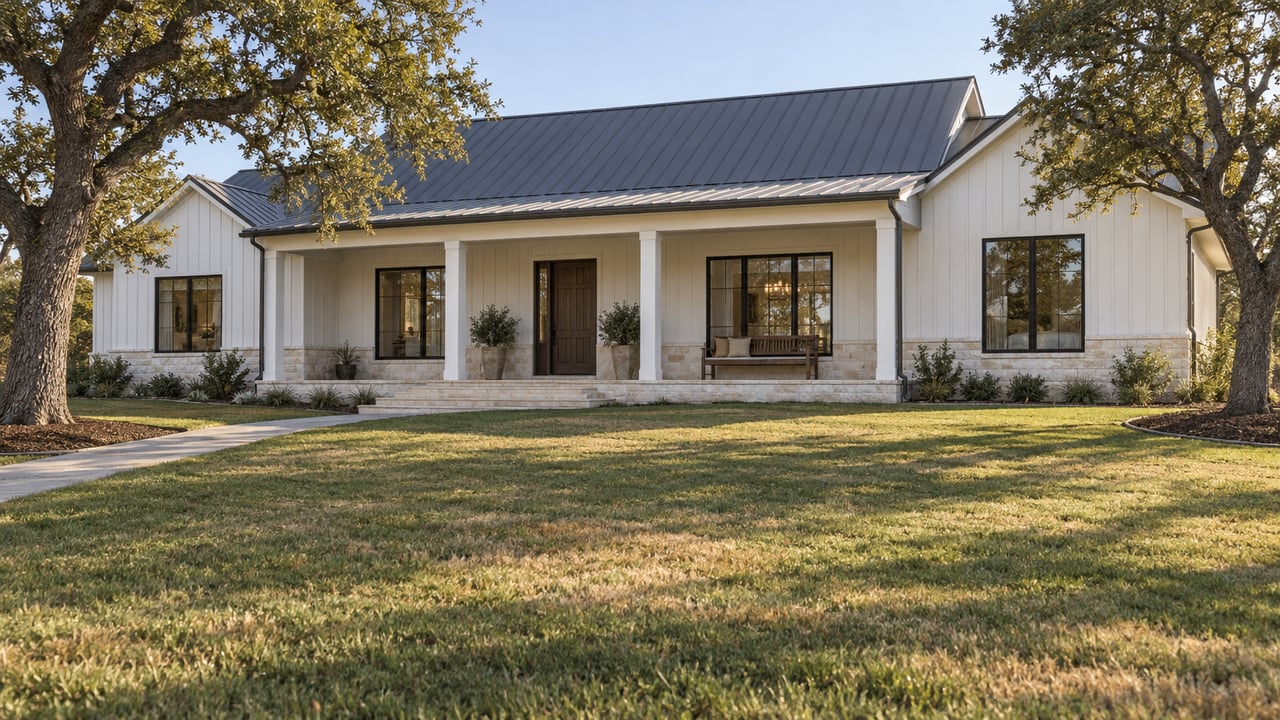White-clad home with a dark metal roof and deep stone porch beyond an expansive autumn lawn framed by two mature post oaks.
