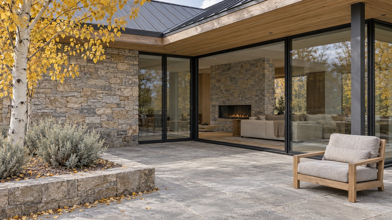 Covered stone terrace beside a glass-walled contemporary home, with pale timber eaves, an oak lounge chair and golden aspen leaves.