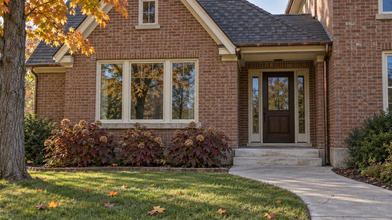 Autumn maple beside a brick home's limestone steps, oak entry door and broad front window.