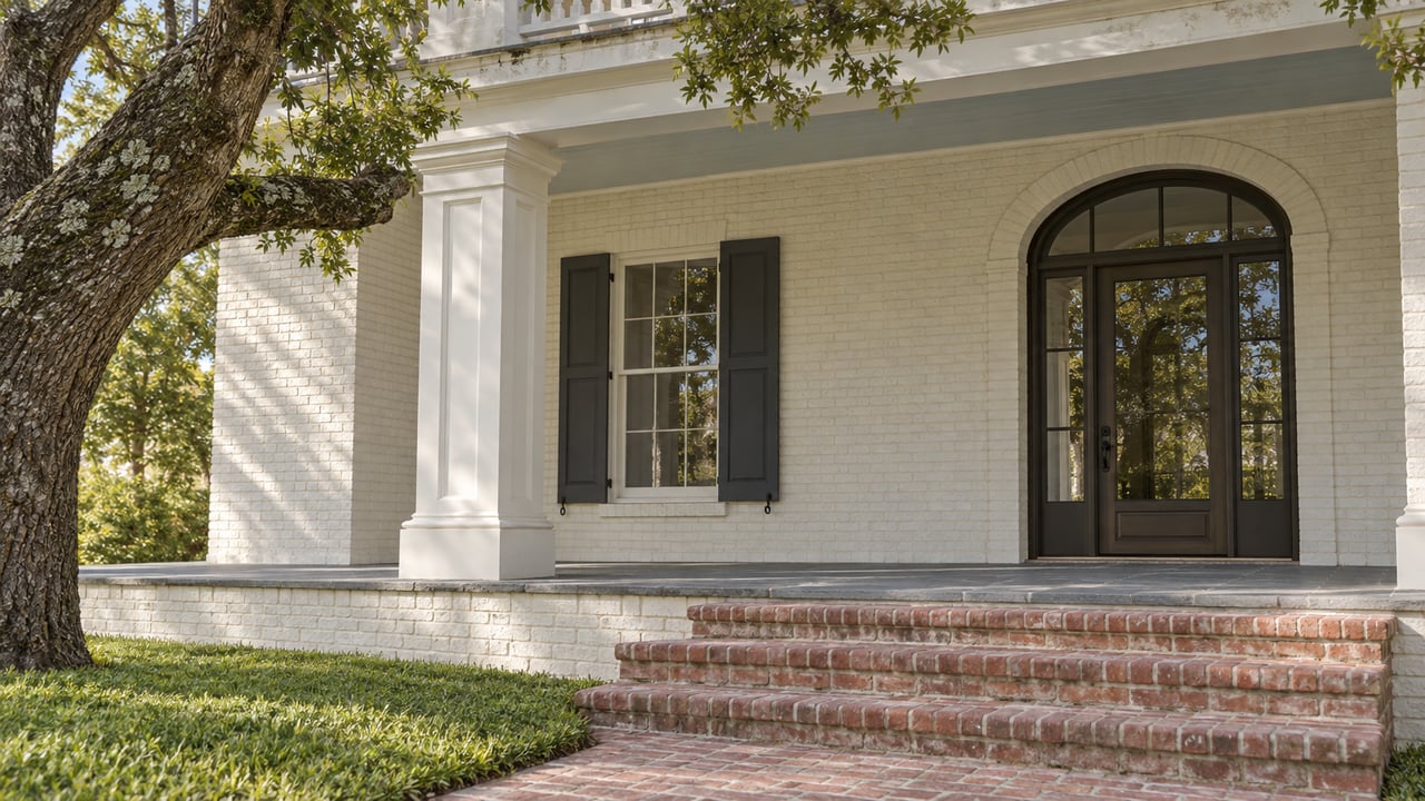 White painted-brick home with a deep porch, arched glazed entry, charcoal shutters and worn red-brick steps beside a mature live oak.