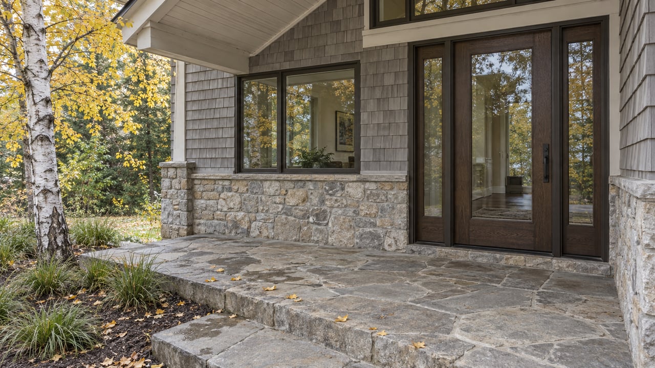 Gray-shingled home entry with closed glazed oak door, limestone landing and a golden-leaved paper birch.