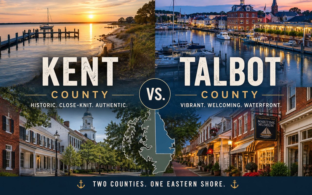 Kent County and Talbot County comparison graphic with waterfront scenes, historic streets, and a regional map.