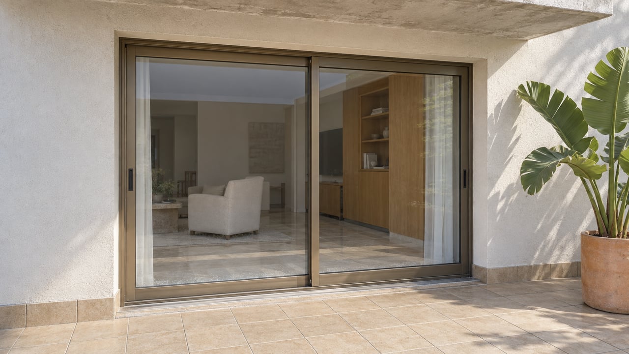 Sunlit tiled condominium terrace with closed bronze-framed glass doors, an off-white concrete surround and one broad-leaved plant in a terracotta pot.