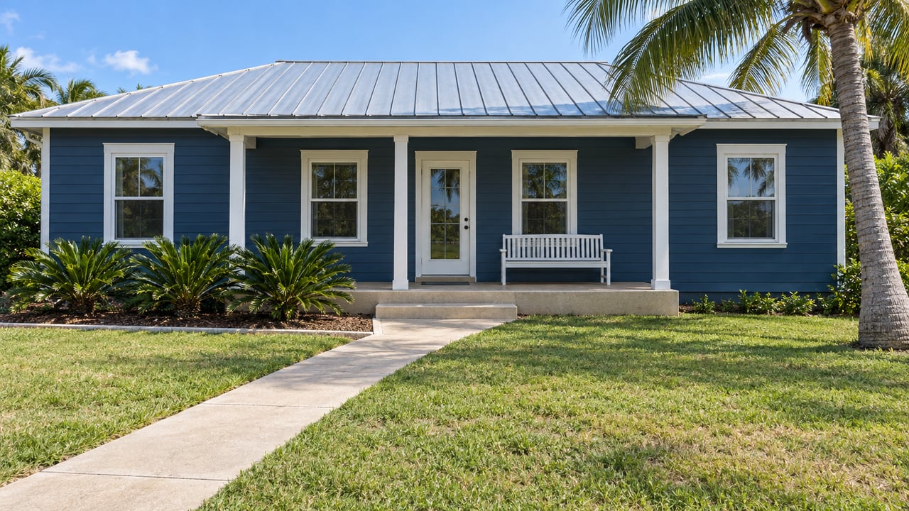 Deep-blue cottage with a silver metal roof, white porch trim and a palm beside a sunlit front lawn.