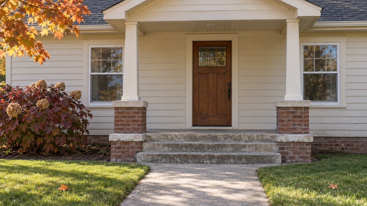A modest ivory-sided house with a brick porch base, wooden front door, weathered concrete steps and autumn leaves beside a neatly maintained lawn.
