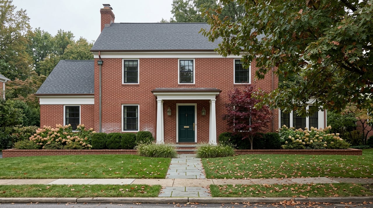 Detached red-brick house with a green front door, bluestone path, crimson Japanese maple, and mature oak canopy.