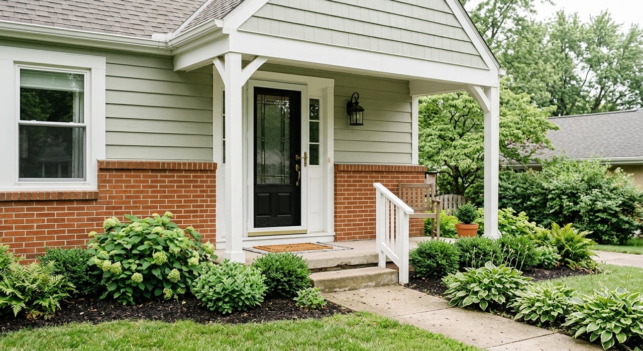 Brick-and-siding home entrance with a black glass-paneled door, concrete walk, and foundation shrubs.