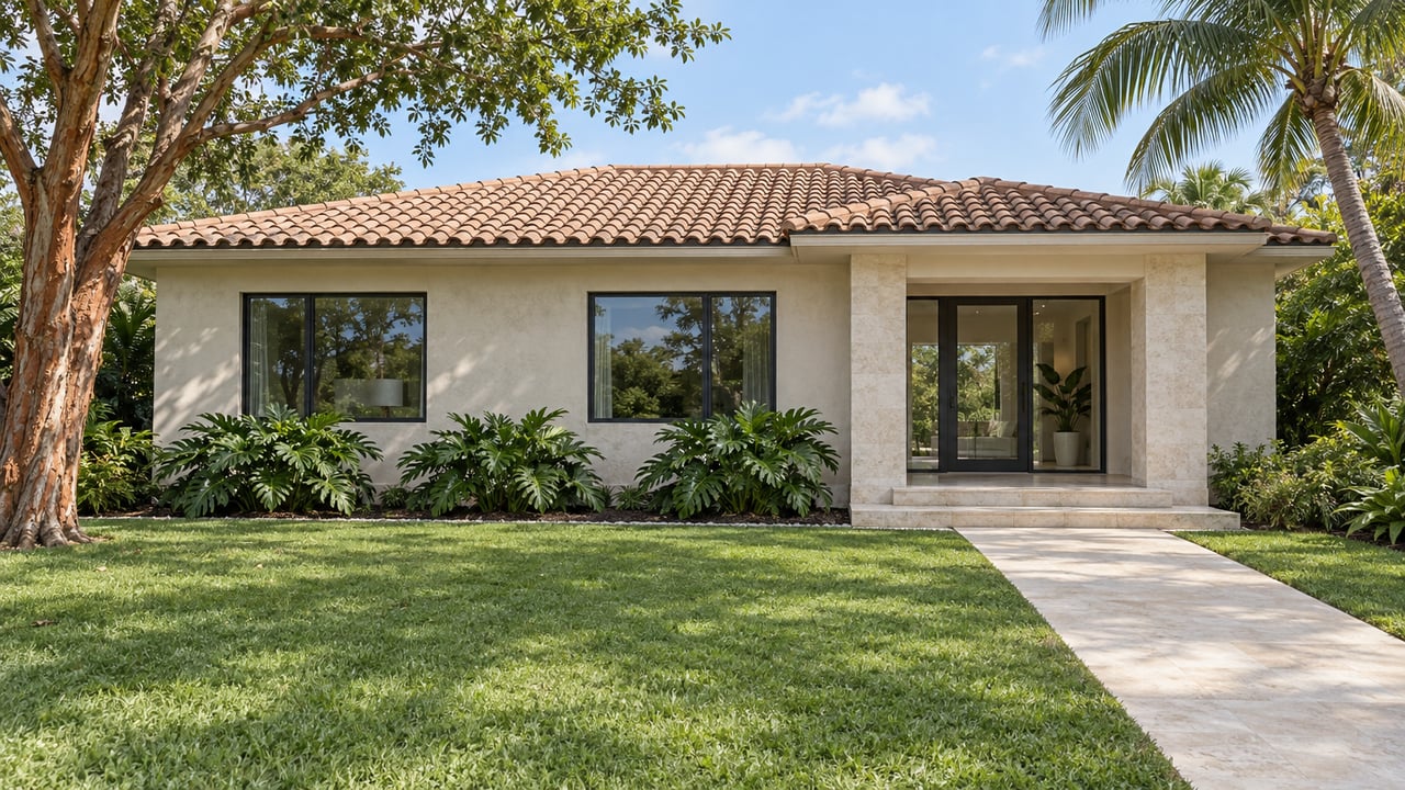 Sunlit single-story stucco home with a terracotta tile roof, limestone entry walk, deep green lawn, and two mature specimen trees.