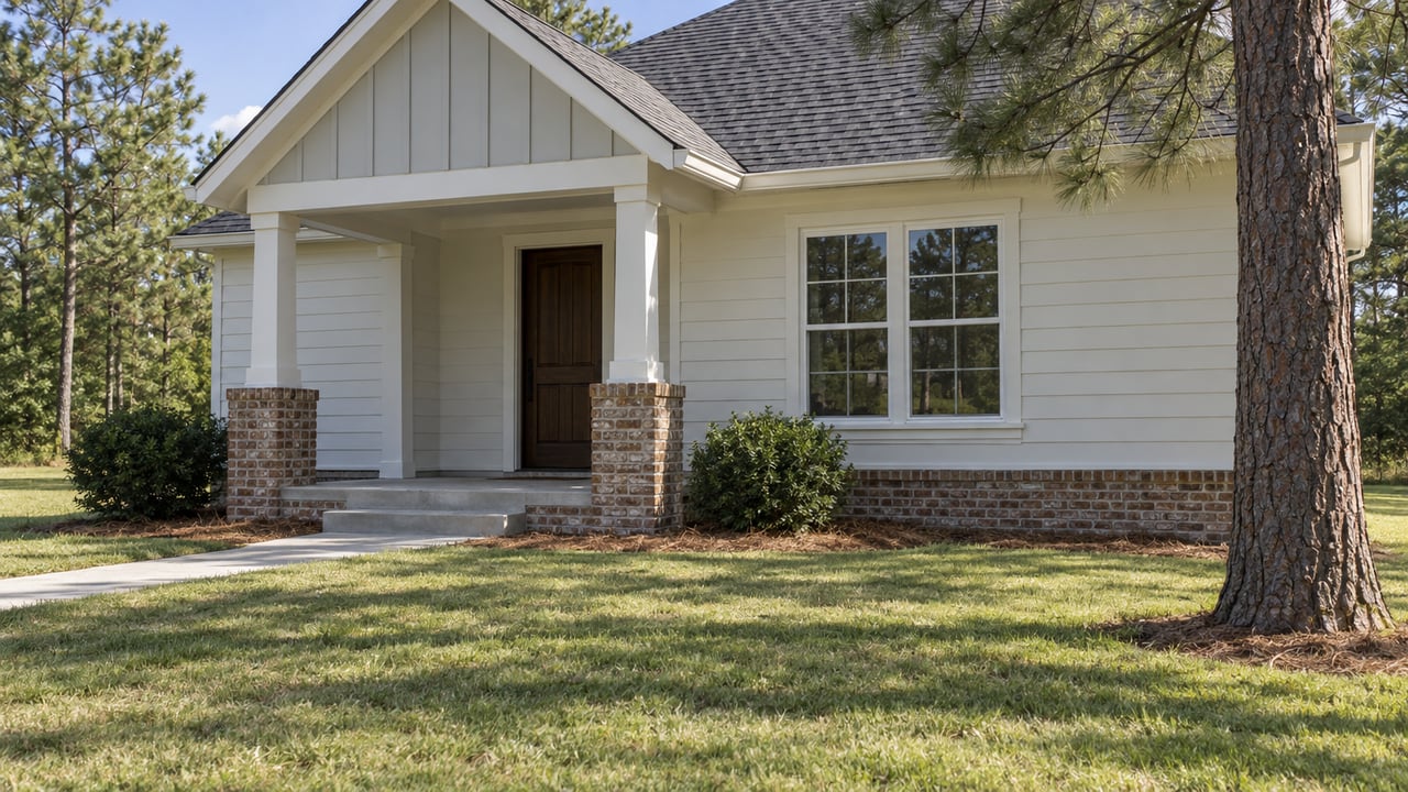 Off-white house entry with a dark paneled door, brick porch piers, concrete steps, and broad lawn.