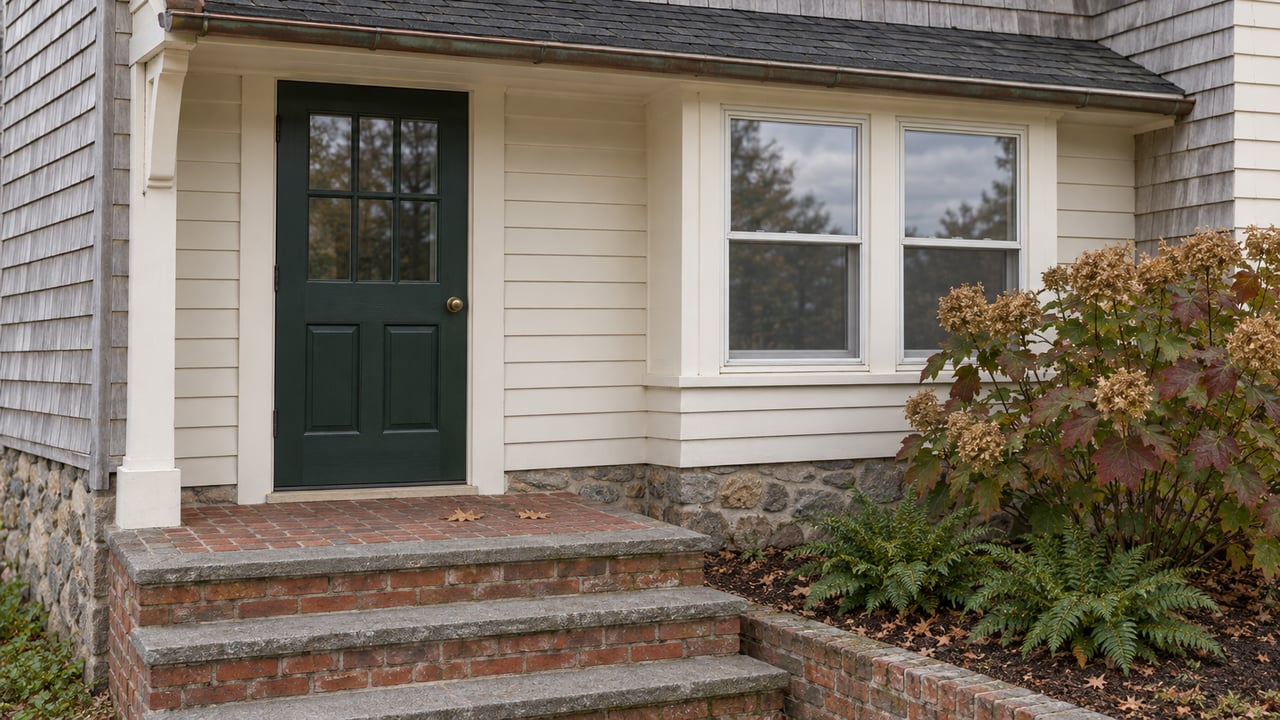 Gray shingle home with an enclosed ivory-clapboard entry, dark green glazed door, weathered brick steps and autumn oakleaf hydrangea.