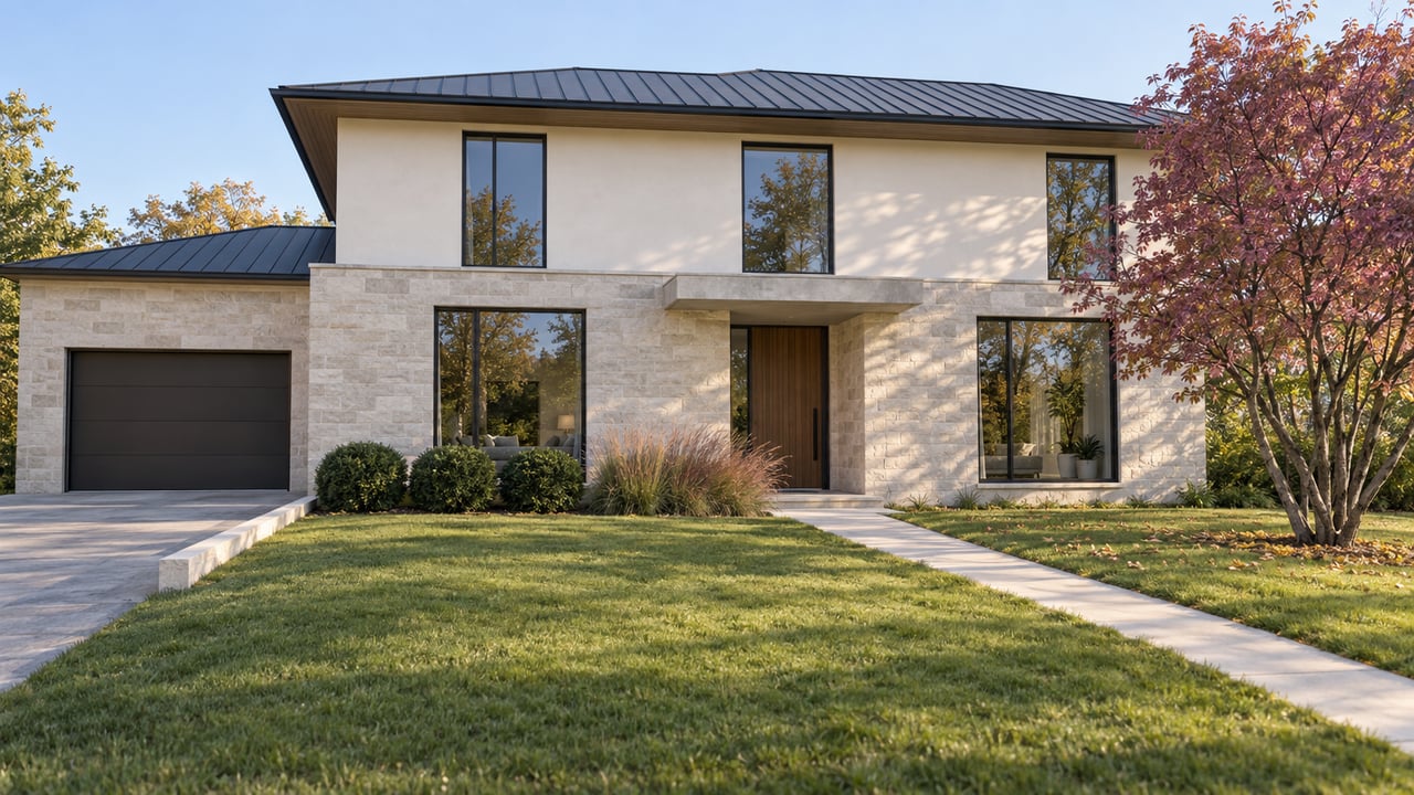 Two-story limestone and ivory house set behind a broad lawn, with a concrete approach and mature tree.
