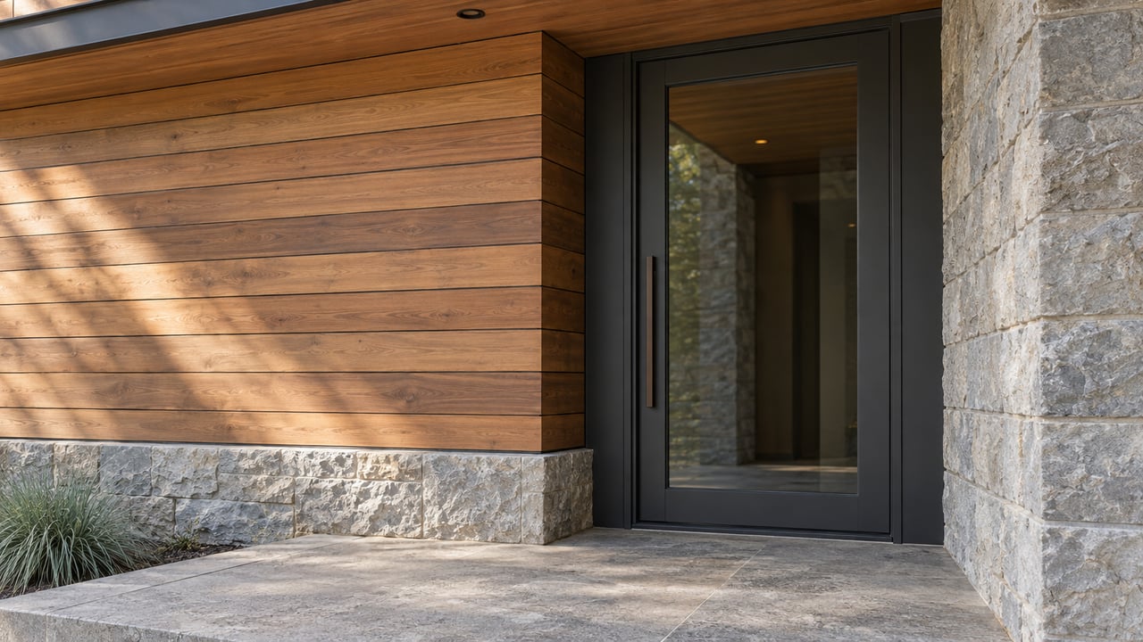 Recessed home entrance with an amber cedar wall, glazed door, gray limestone return, and stone landing.
