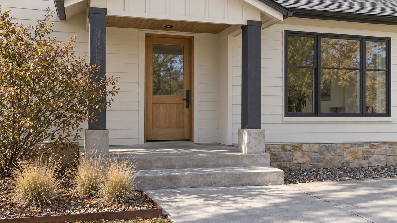 Sunlit gabled entry porch with oak door, pale lap siding, sandstone base and dry-season native planting.