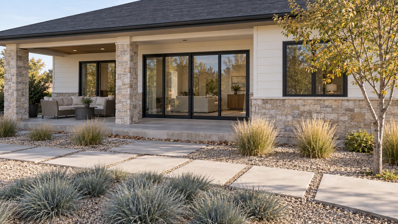 Suburban home’s rear patio with black-framed sliders, stone piers, gravel beds, grasses, and a small tree.