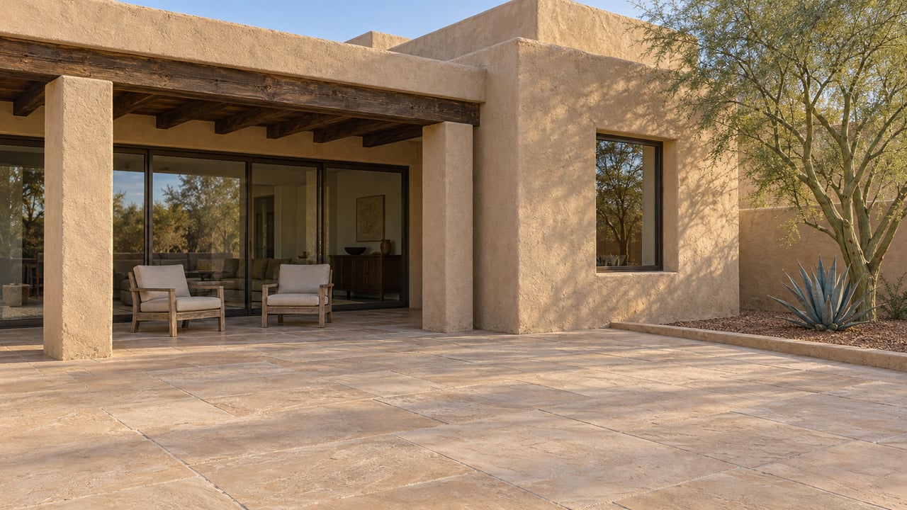 Sunlit sandstone terrace beside a sand-colored stucco home with shaded teak chairs, bronze-framed glass doors, a palo verde tree and agave.