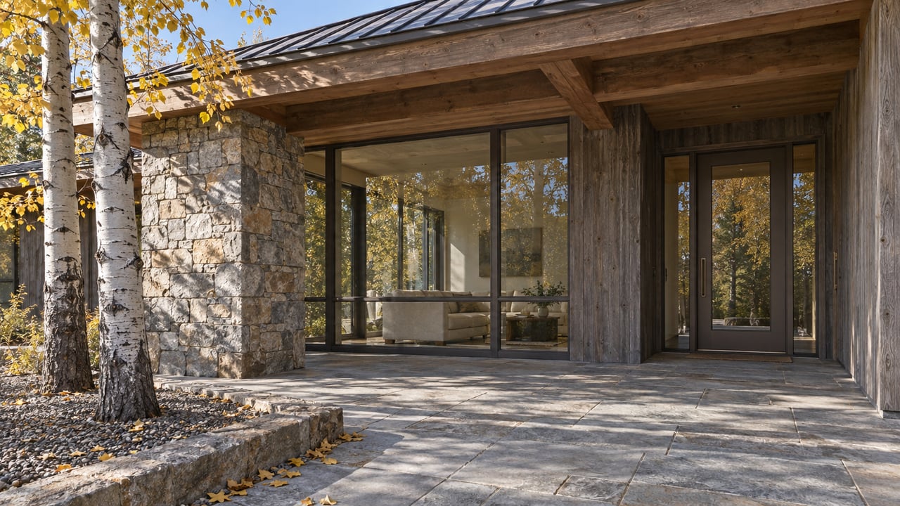 Autumn light on a timber-and-stone home's sheltered entry terrace, with bronze-framed windows and gold-leaved aspens.