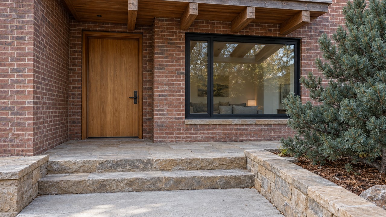 Brick residential entrance with an oak door, timber canopy, sandstone steps and a sculptural pinyon pine.
