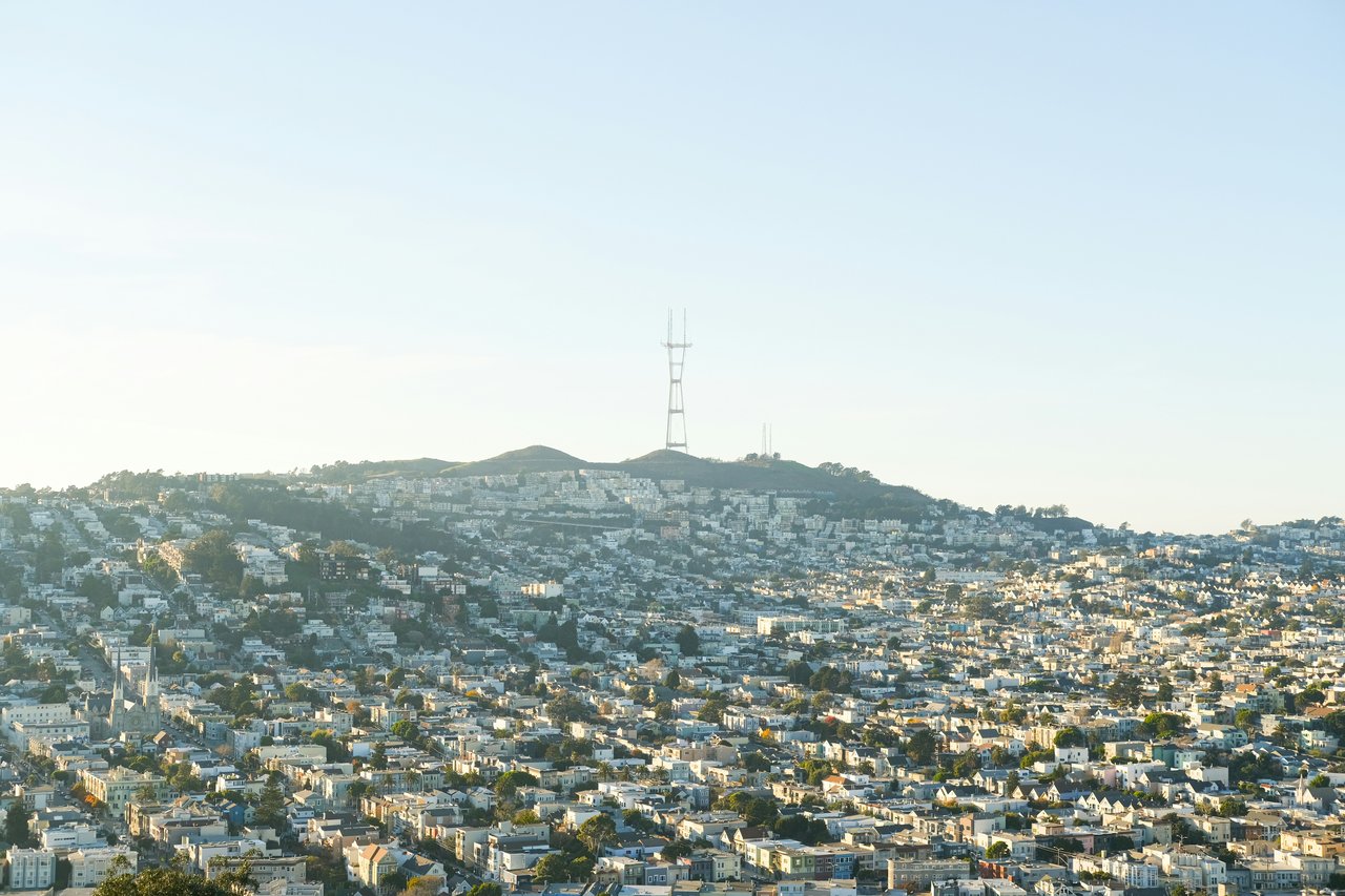 Aerial view of Sutro Tower rising above the hillside homes near Parnassus Heights, San Francisco