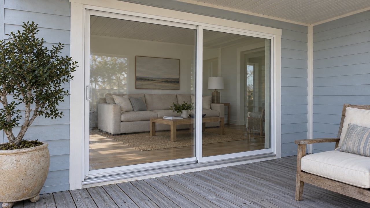 Covered deck with weathered pine boards, a teak lounge chair and closed glass doors opening visually onto a light living room.
