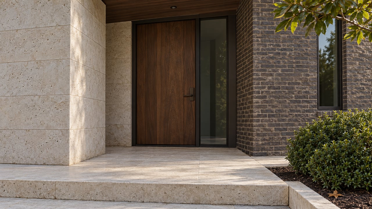 Recessed walnut front door with a glass sidelight, framed by limestone and dark brick.
