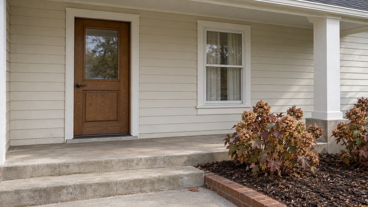 Covered home entry with a brown oak door, ivory siding, concrete steps and autumn oakleaf hydrangeas.